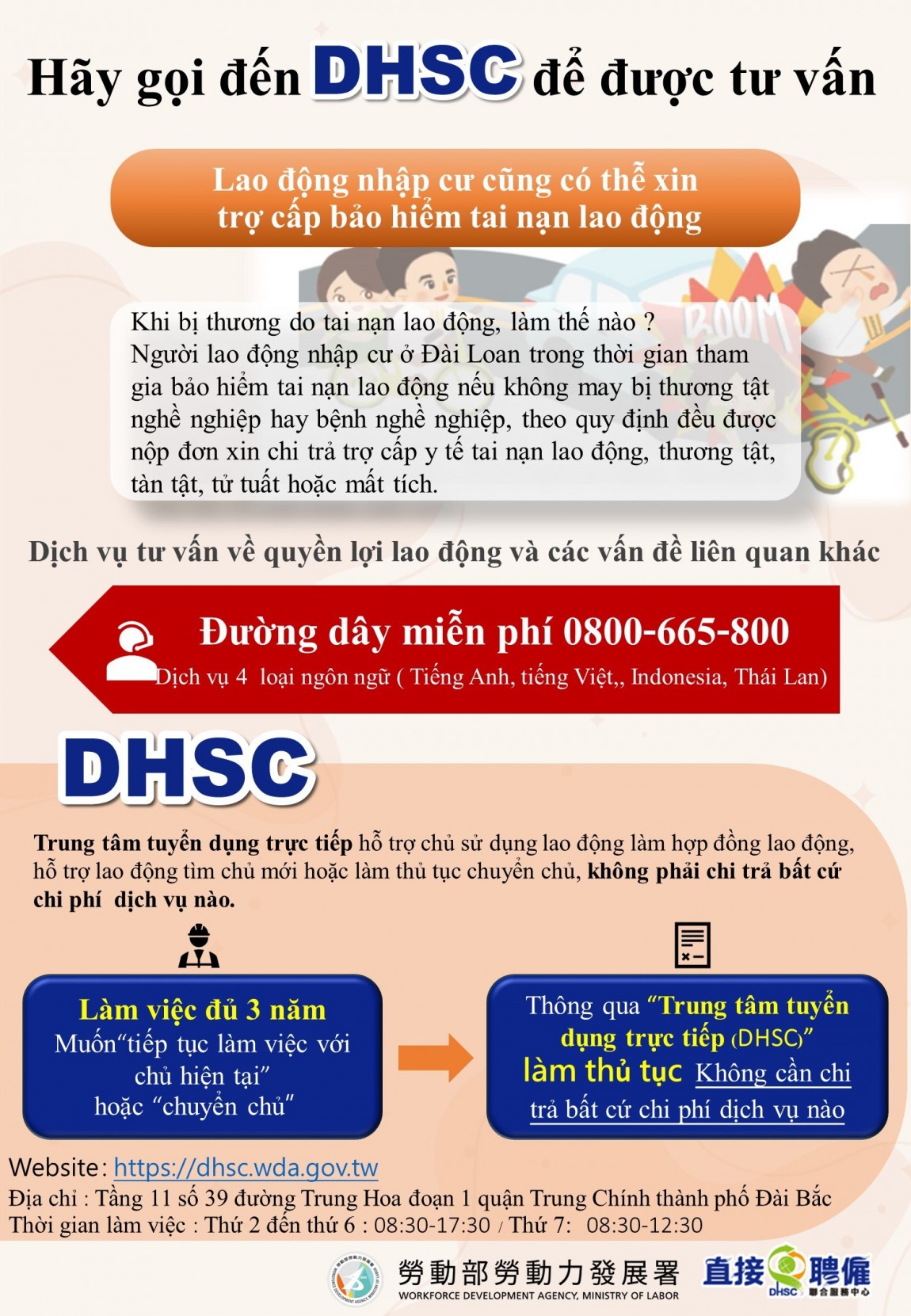 如何申請勞工職災給付+請來電諮詢DHSC-越南文版