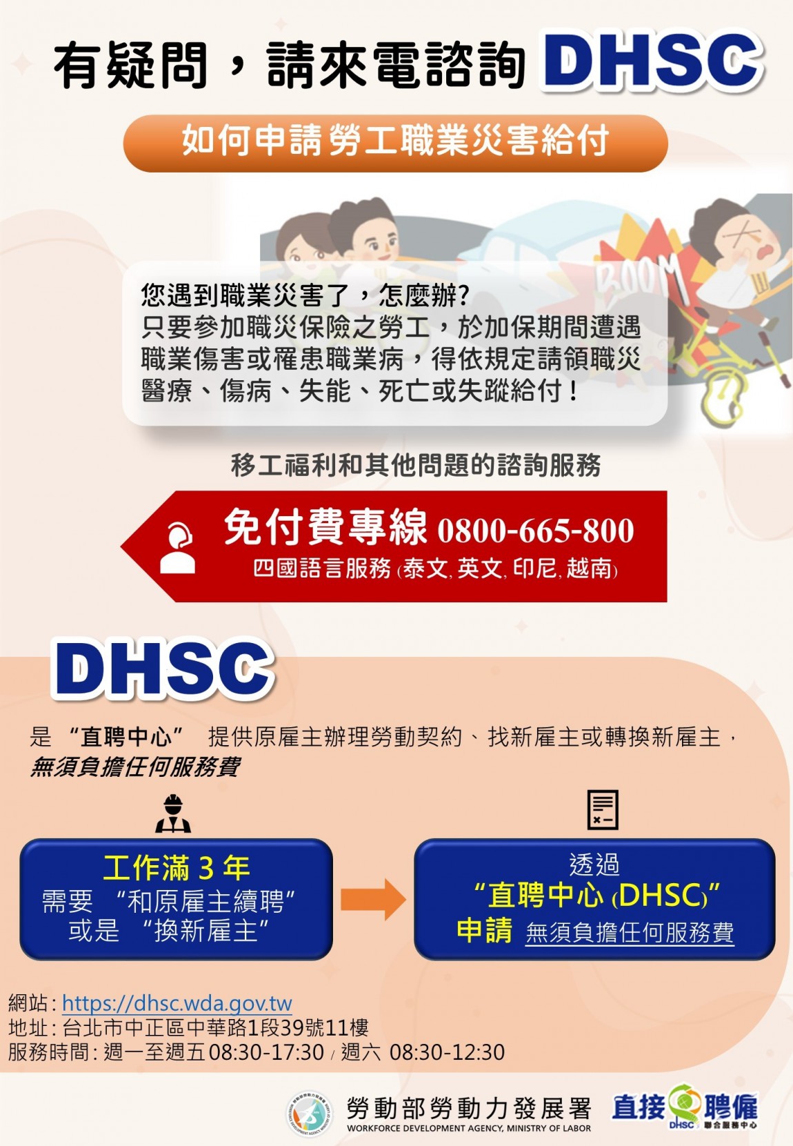 如何申請勞工職災給付+請來電諮詢DHSC-中文版