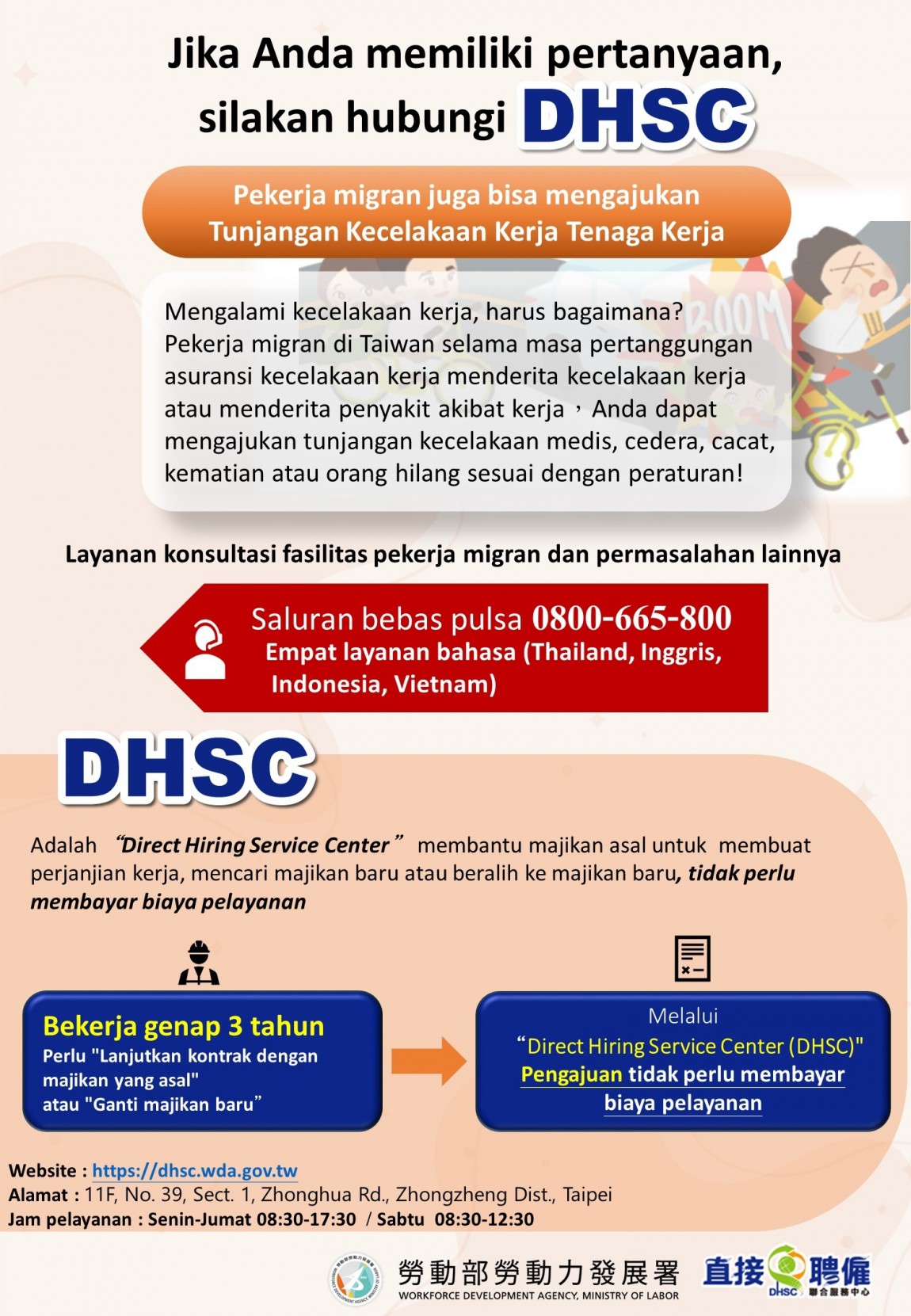 如何申請勞工職災給付+請來電諮詢DHSC-印尼文版