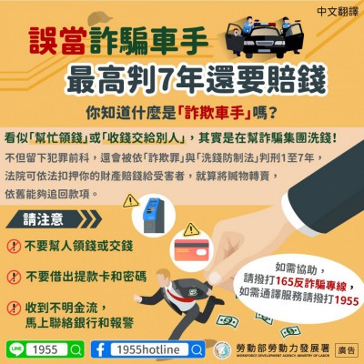 1140716 誤當詐騙車手，最高判7年還要賠錢(詐騙)-中