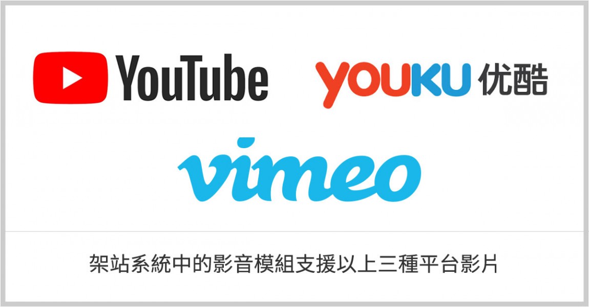 影音模組支援Youtube,Youku,Vimeo
